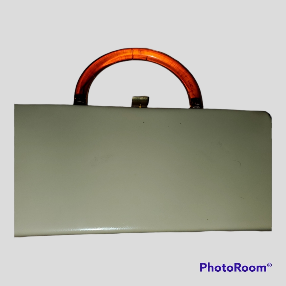 Vintage Midcentury Tan Faux Leather Purse with Lucite Handle